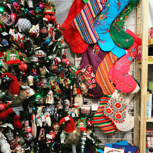 Mexican Christmas Stockings with Old World Christmas ornaments.